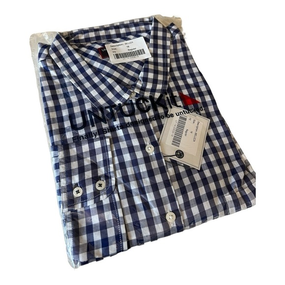 UNTUCKit Women's Belleza Button Up Long Sleeve Blue Gingham Shirt Navy White NEW - Picture 8 of 13